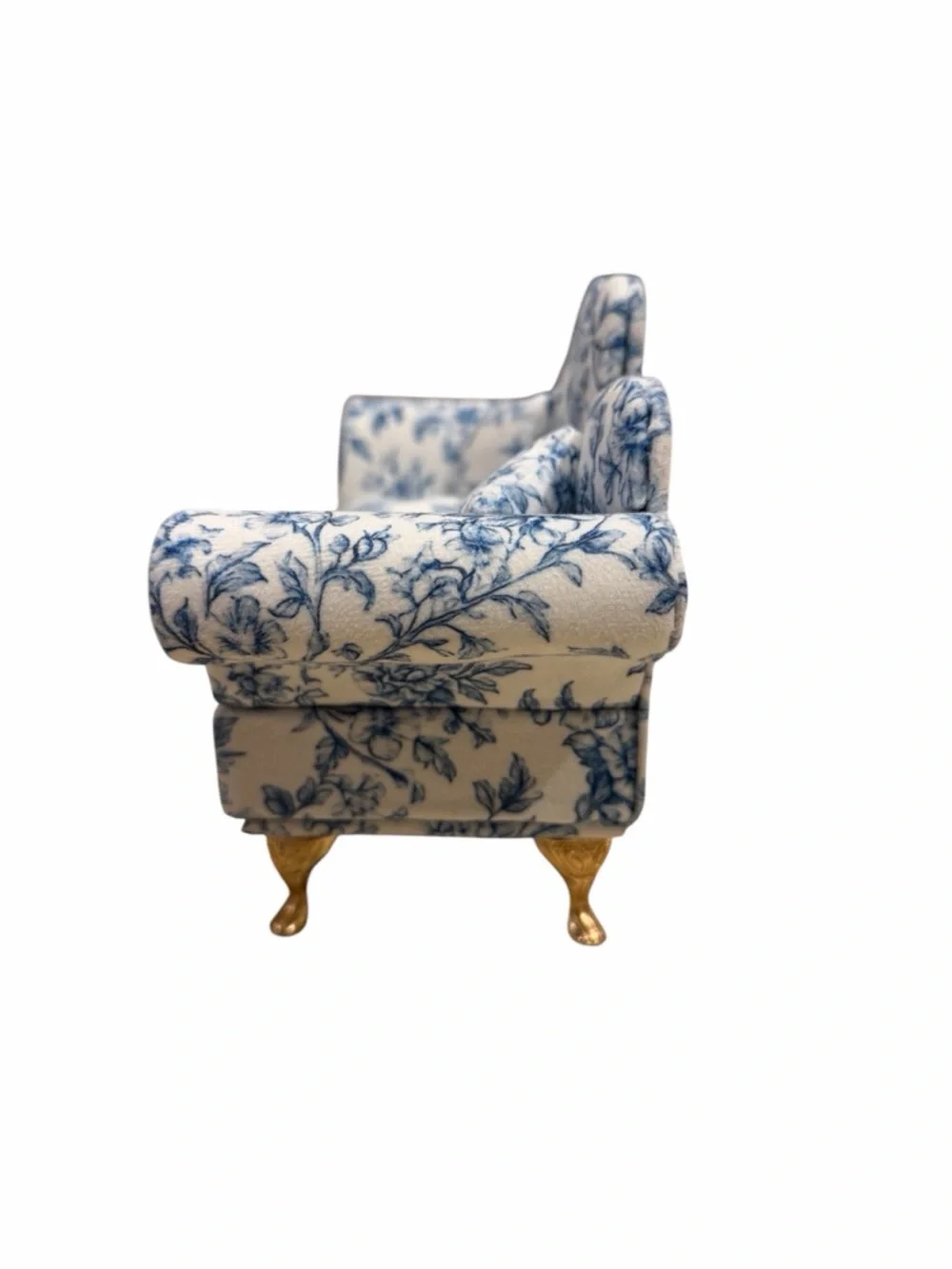 Blue White Floral Toile Sofa Jewelry Box Heart Back Miniature